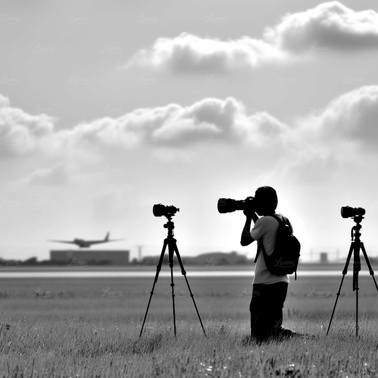 Two cameras on tripods silhouetted against a heavy sky, with a photographer waiting beside them